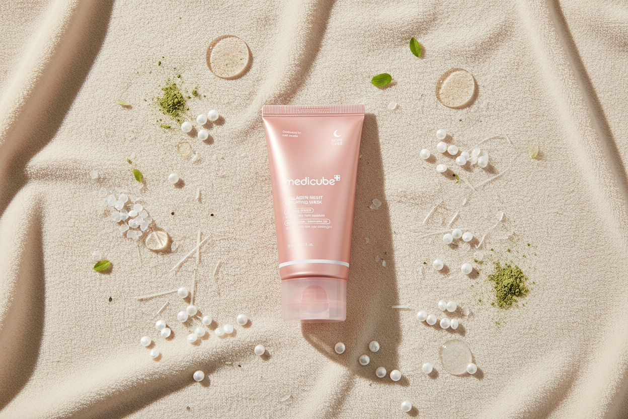 Medicube Collagen Night Wrapping Mask flatlay med ingredienser på beige baggrund